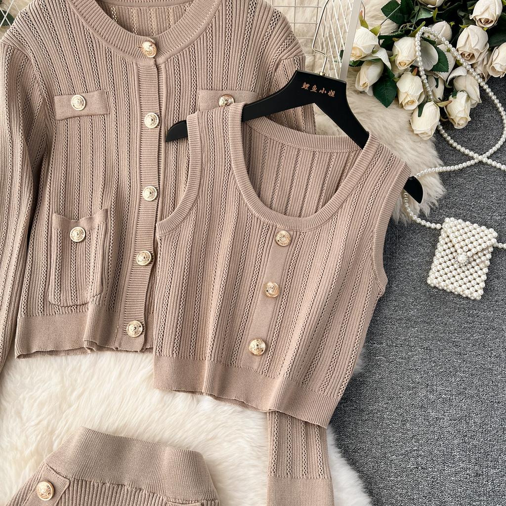 Autumn Winter Women Elegant Gold Button Knitted Sweater 3 Piece Set Single Breasted Jacket Coat Vest Long Midi Sheath Skirt Outfits