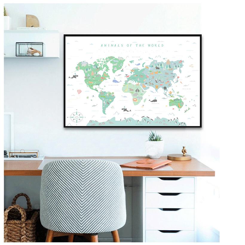 Иллюстрация карты мира с изображением животных, настенная художественная картина, детский сад, печать и живопись, образовательный плакат