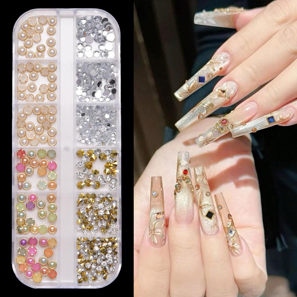 Цветные жемчужные украшения для нейл-арта, 12 ячеек: Жемчуг разного размера, круглый, полукруглый, с плоской задней стороной для DIY.