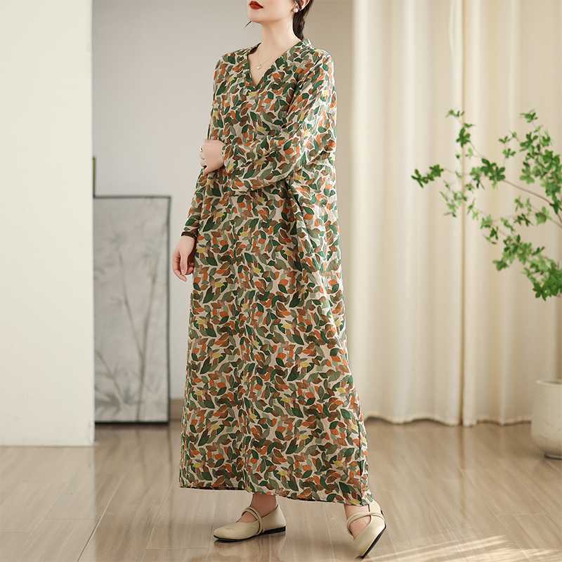 New Color V-neck Retro Long Skirt Cotton Linen Dress