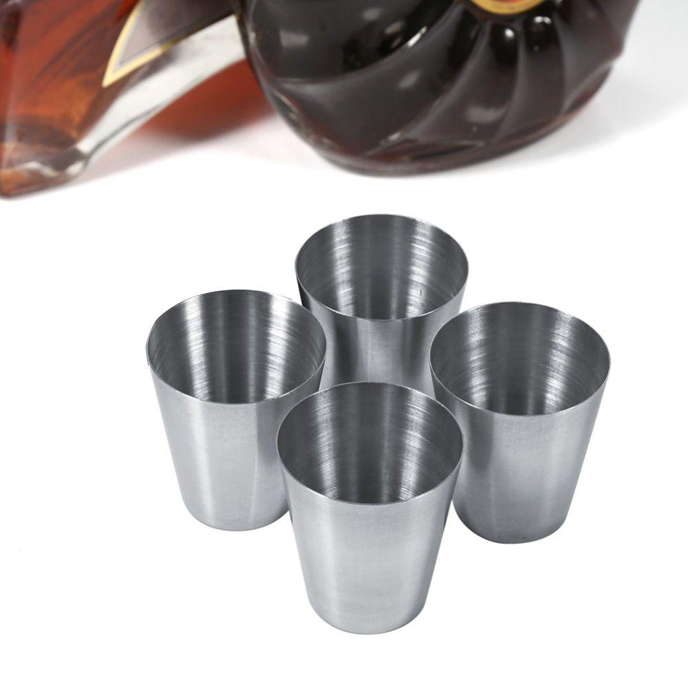 4pcs Stainless Steel Portable Tea Cup Black PU-Leather Case Whiskey Tumbler Cups Travel Use