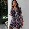 Women Spring Summer Mini Dress A-Line Full Sleeve Lace Up High Waist Chiffon Floral Print Black White Navy S-XXL