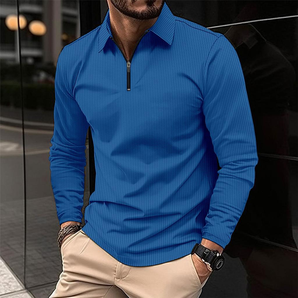 New European and American Men's Collar Fashion Solid Color Waffle Long Sleeved Men's T-shirt POLO