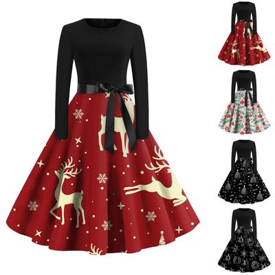 Женское винтажное платье с длинным рукавом и рождественским принтом для домохозяйки, вечернее платье для выпускного вечера
