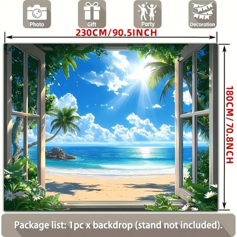 2D flat banner 1 piece. Tropical beach window scene with palm tree landscape art polyester background fabric.