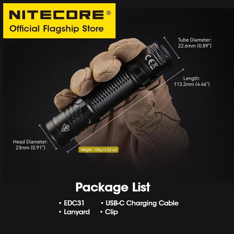 NITECORE EDC31 Compact Tactical Flashlight USB-C Rechargeable EDC Search Torch Light 3500 Lumens, 3800mAh 18650 Li-ion Battery
