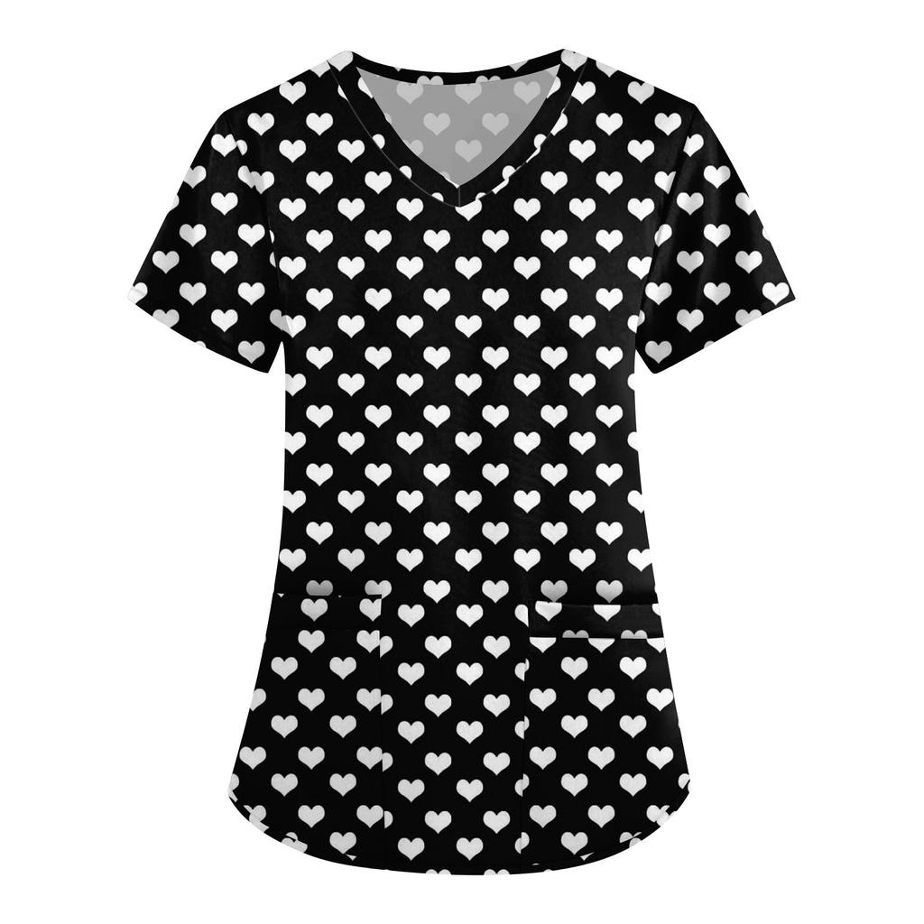 Женская симпатичная принтованная рабочая одежда с V-образным вырезом, двухслойными карманами, базовым коротким рукавом, пуловером ко Дню святого Валентина