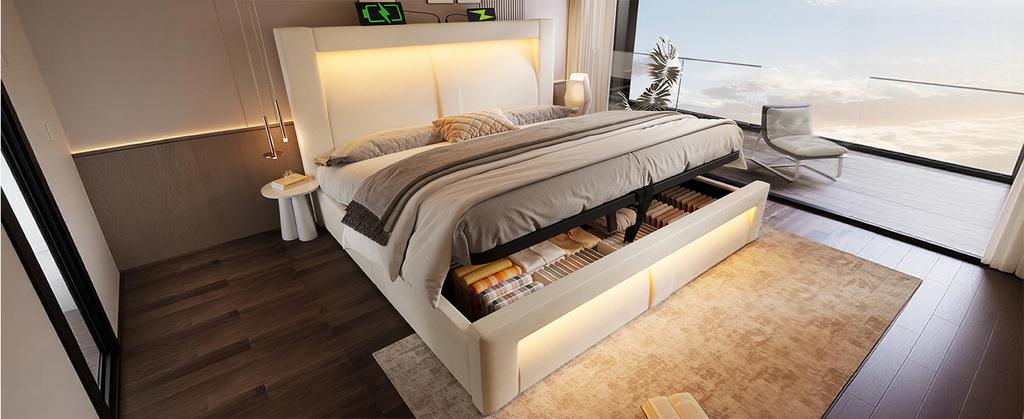 Double Bed 180x200 cm with Storage, LED Lighting with App Control, USB & Type-C Charging Ports, Velvet, Curved Headboard, Beige, without Mattress