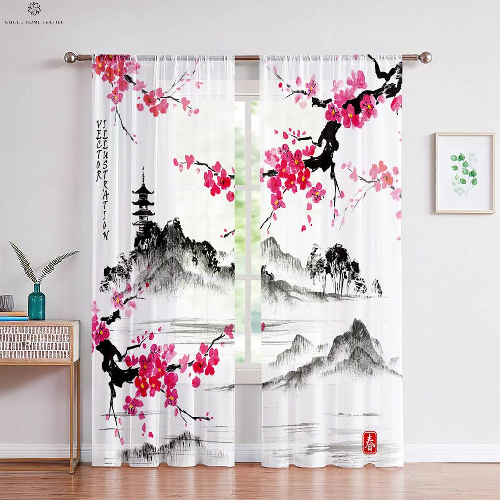 Чернильный пейзаж персиковый цвет национальный стиль принт занавеска спальня гостиная кабинет дзен декоративная занавеска домашний текстиль 2 шт