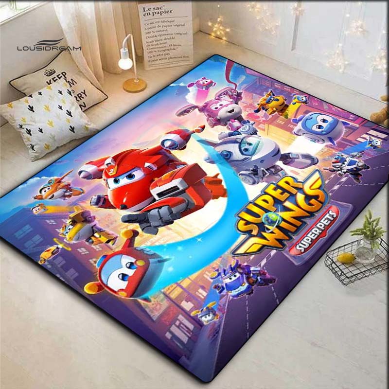 Super Air Robot Cartoon Character City Sky Print Area Rug Non‑Slip Rectangular Floor Mat Home Decor
