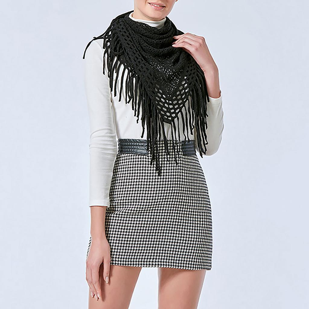 Elegant Women's Knitted Triangular Scarf Imitation Cashmeres Warm Winter Shawl Ponchos with Stylish Fringes Accents