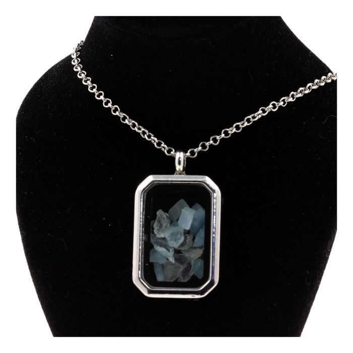 Necklace - Stones and Minerals - Raw Aquamarine - Rectangle with Cut Sides - Stainless Steel - Mixed