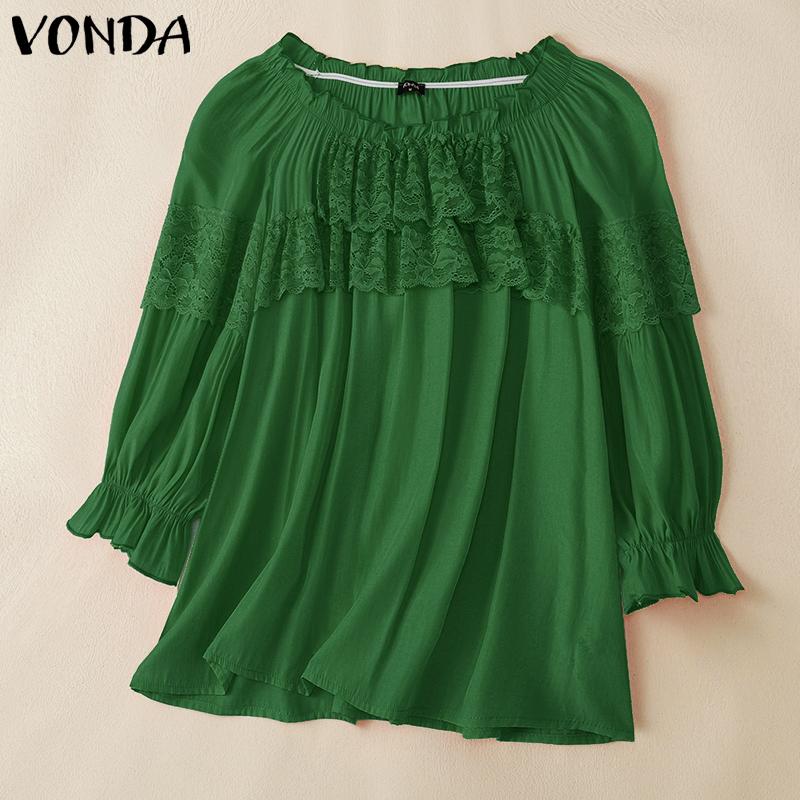 VONDA Женская летняя блузка свободного покроя с круглым вырезом и рукавами 3/4 в стиле пэчворк с оборками