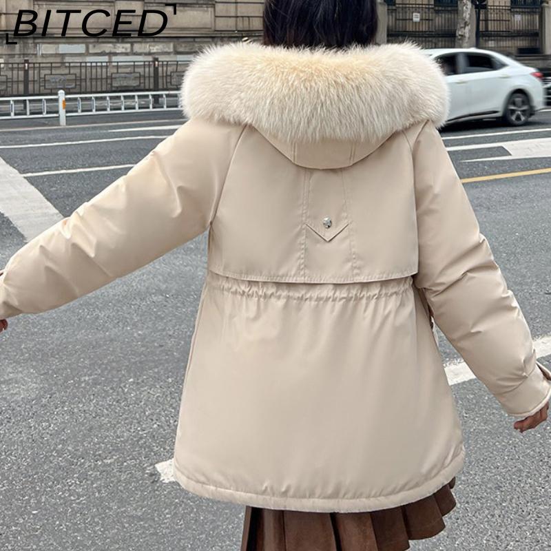 BITCED Winter Thickened Puffer Coat for Women with Waist-cinching, Slimming Fit, Hood and Large Fur Collar for Warmth