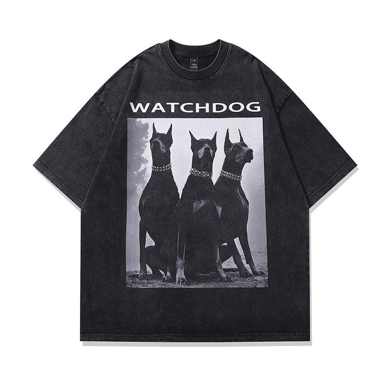 Винтажная футболка унисекс с круглым вырезом TKPA Doberman – Вываренная, Ретро уличный стиль, Свободный крой, Уличная одежда с коротким рукавом