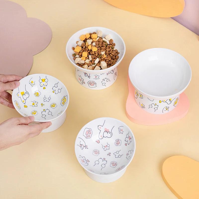 Миска для кошек Керамическая емкость для корма для домашних животных, контейнер для воды, корм для кошек, защищающий шейный позвонок, наклонное отверстие, миска для домашних животных с высокой ногой, товары для кошек