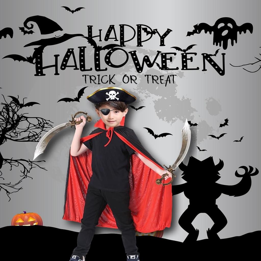 Pirate Cosplay Costume with Shining and Hat ZACCARY's Kids' Dual-Wielding Swords, Cape, (Gold Edge)