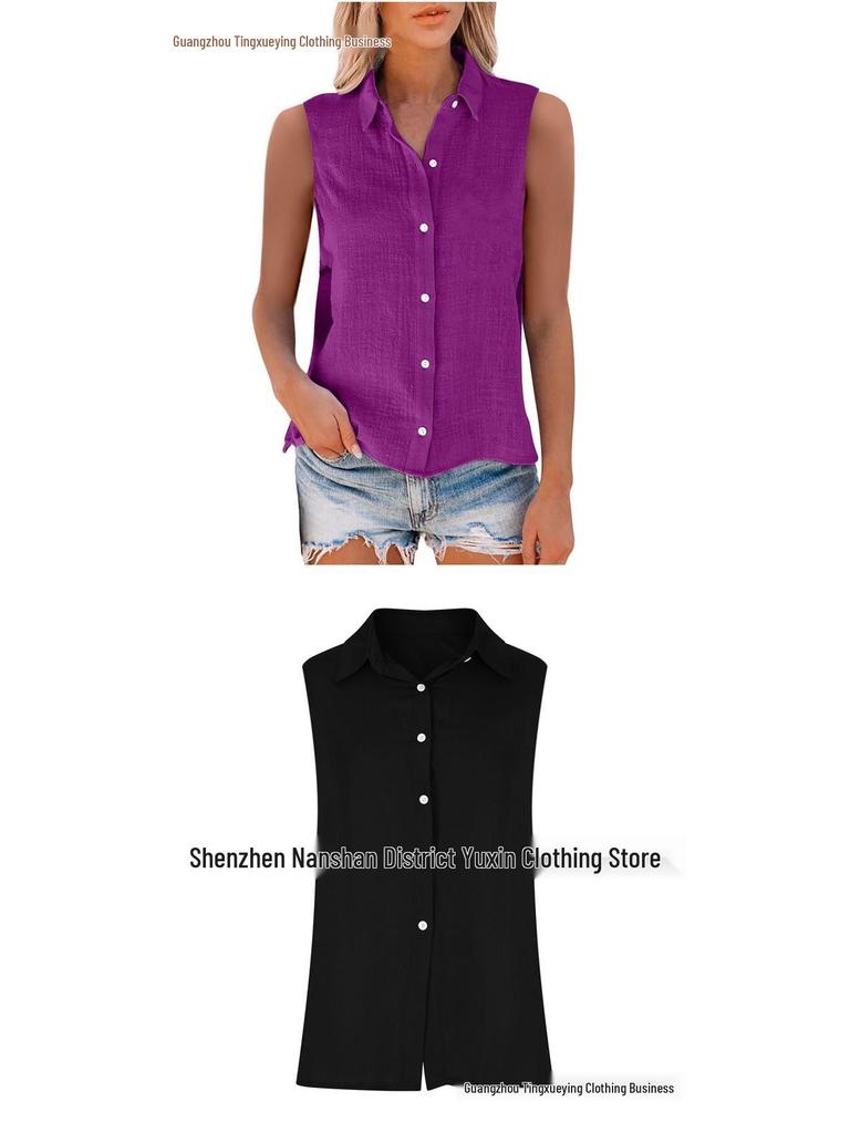 Летняя женская рубашка без рукавов с лацканами из хлопка и льна