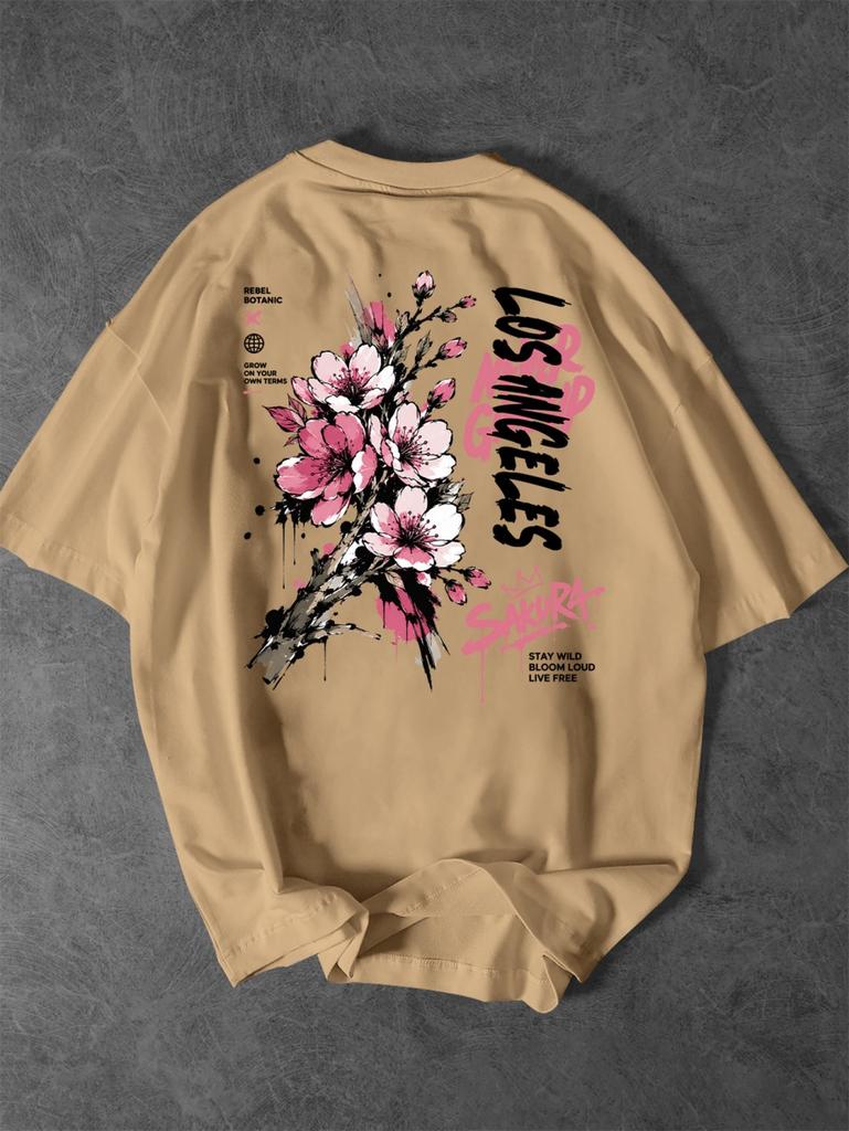 American Unisexs Summer Fashion Los Angeles Letter Cherry Blossom Print Soft And Breathable Round Neck Tshirt Outdoor Casual Top