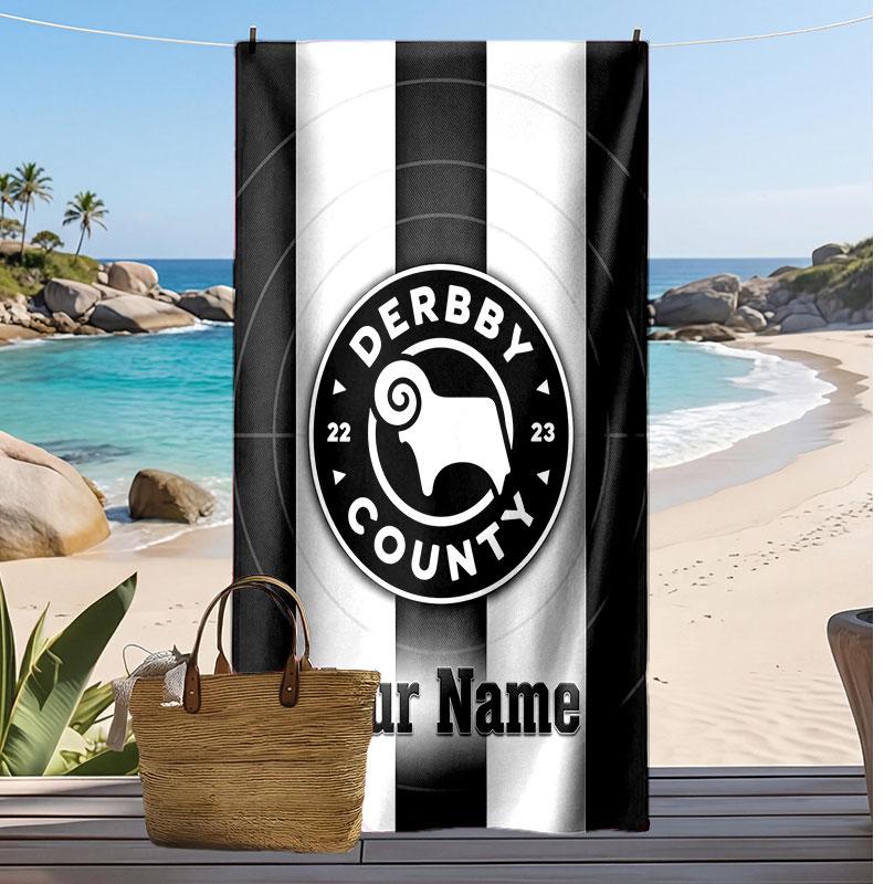 Derby County Personalized Printed Beach Towel Soccer Logo Support Custom Name Text Absorbent Towel For Sport Travel Special Gift