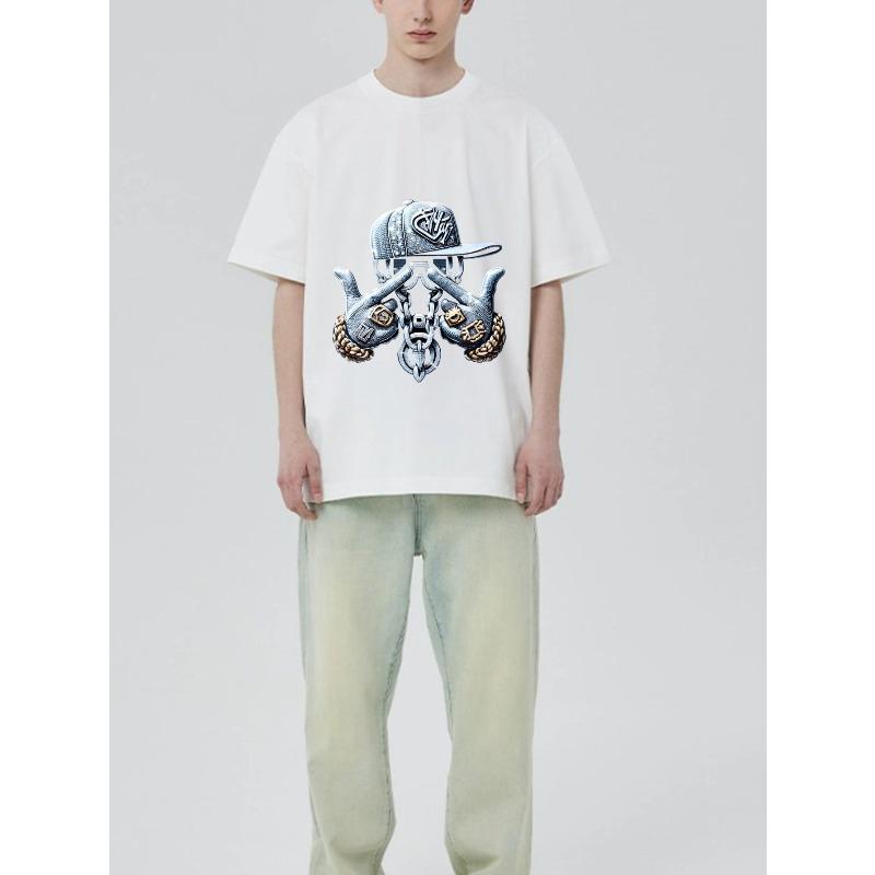 Черная футболка с графическим дизайном осьминога в кепке и цепях для уличной моды