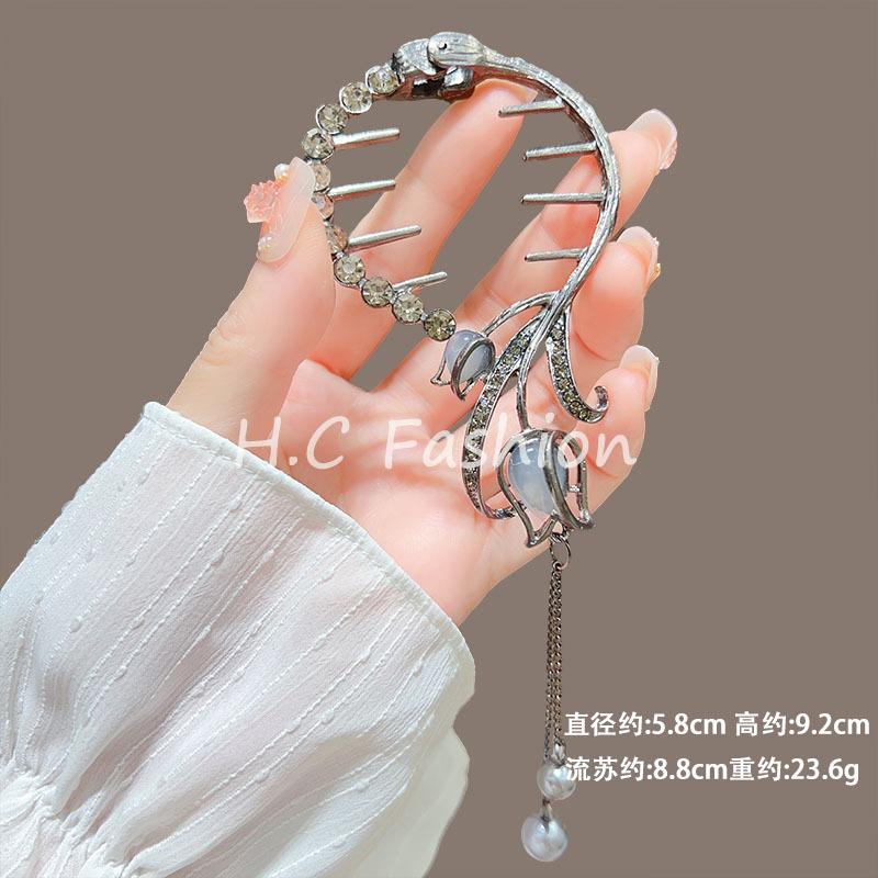 Vintage Lily of the Valley Tassel Hair Claw - Chinese Style Hair Clip for Bun & Half-Up Updo, Elegant Women's Hair Accessory