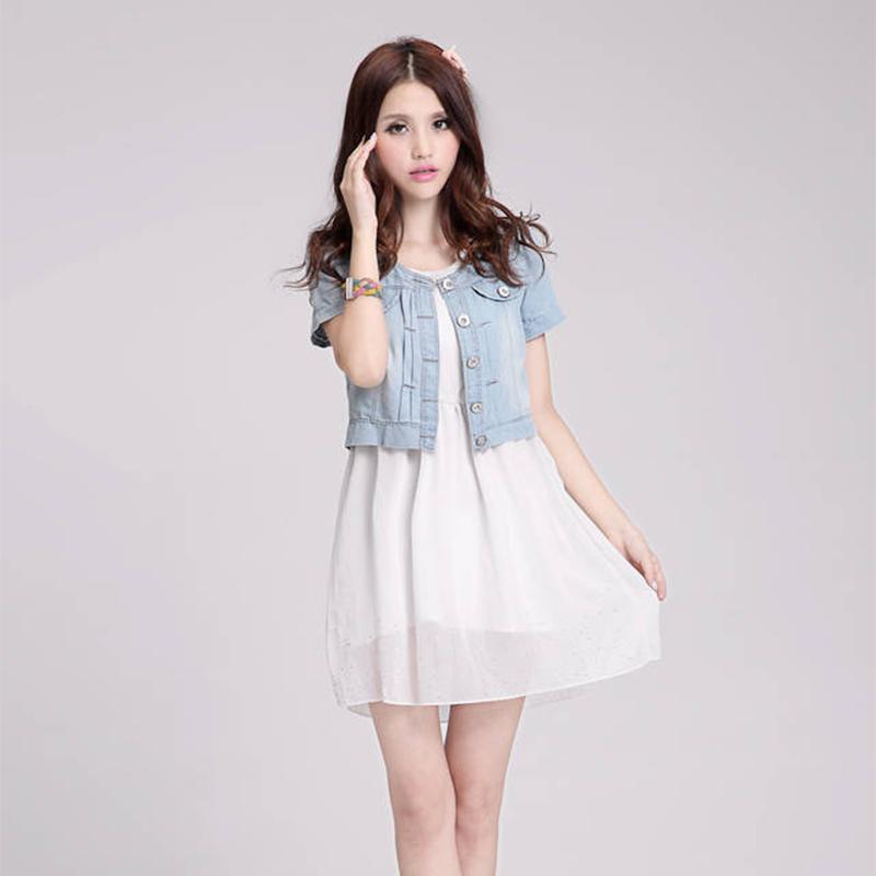 Summer Women's Denim Shorts Blue Jacket Ladies Korean Short-sleeve Loose Fit Slim O-Neck Thin Shawl Denim Caot Thin Tops