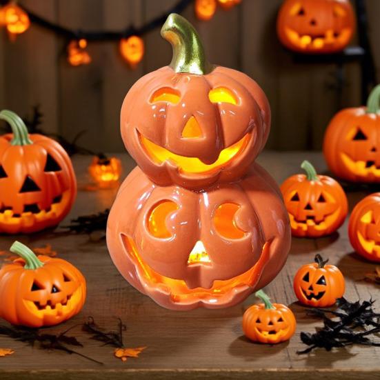 Light Up Halloween Decoration Ceramic Carved Pumpkin Skull Bat Figurine