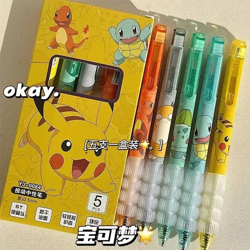 5pcs Pokemon Pens Pikachu Squirtle Charmander Cute Press Gel Pen Bundle Anime Cartoon School Office Stationery Supplies Kids Gifts