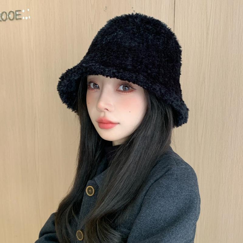 New Fuzzy Niche Bucket Hat Women'S Winter Outdoor Travel Warm Solid Color Basin Hat Tide