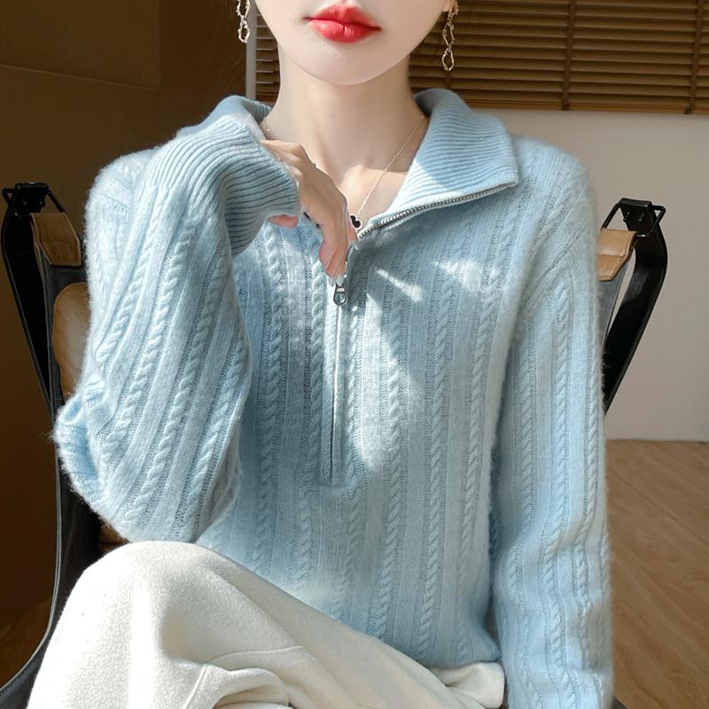 Women Sweater 100% Wool TIDENOVEL Turn-down Collar Knit Pullover Thick Winter Jumpers Female Knit Tops Zipper