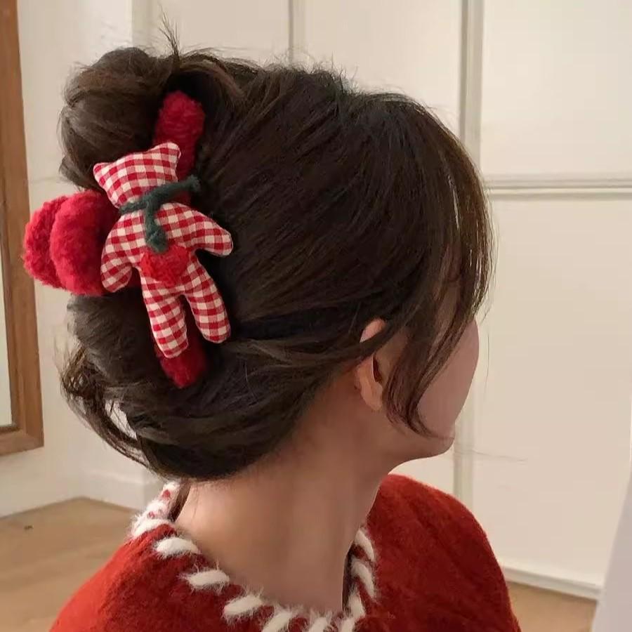 Red Plaid Teddy Bear Fuzzy Claw Clip - Winter Hair Accessory