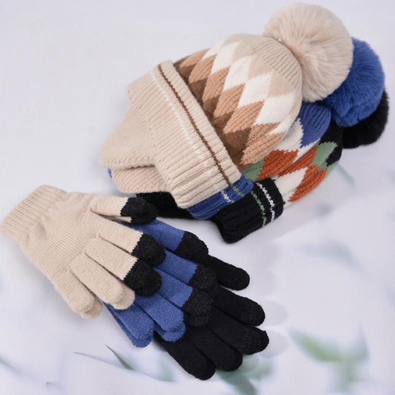 Детский зимний набор шапка и перчатки с помпоном из искусственного меха, детская шапка-бини с ушками, утолщенная теплая детская вязаная шапка, костюм 4-10 лет
