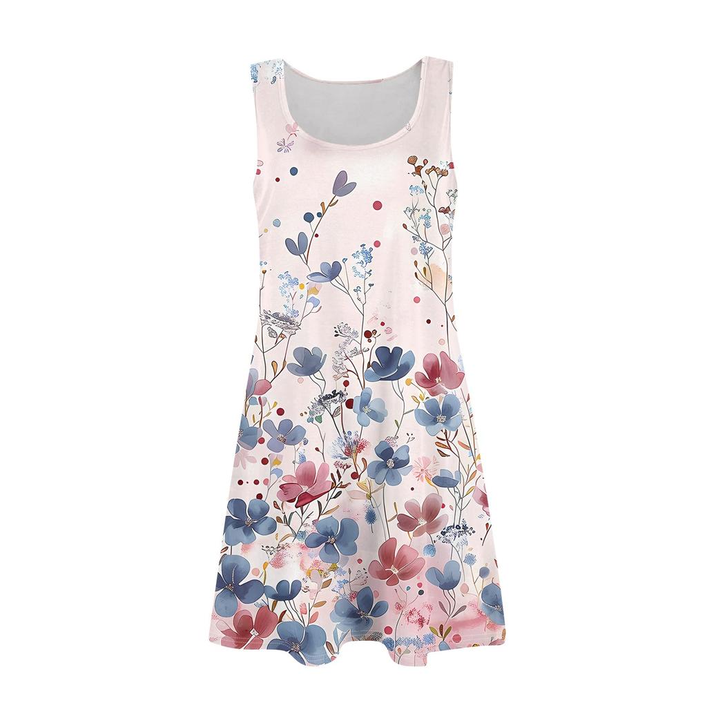 Women's Summer Casual U-neck Floral Print Dress Sleeveless Dress With Pockets