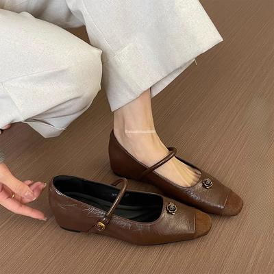 Версия из овчины~ Кожаные туфли Мэри Джейн черного цвета с внутренней высотой, увеличивающей рост, женские, новые 2025, с мелким вырезом, ремешком на подъеме, под юбку, одинарные