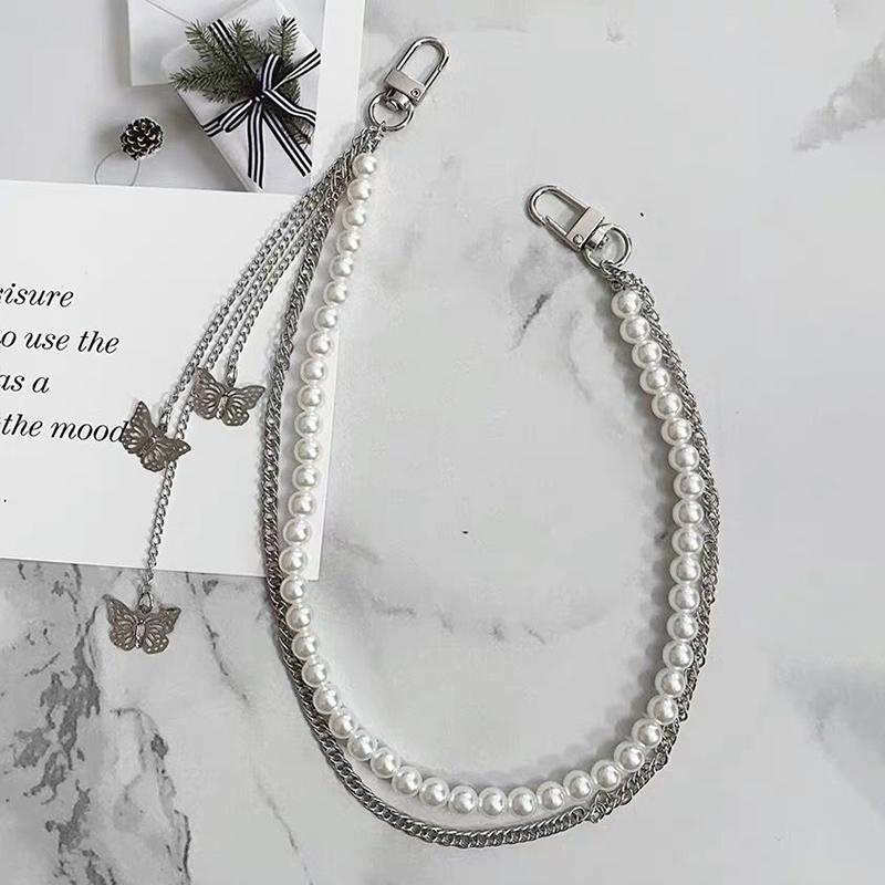 Double Layer Butterfly Pendant Pearl Alloy Pants Chain for Hip Hop Dancers Punk Girl Boy Harajuku Jeans Side Chain Bags Chain