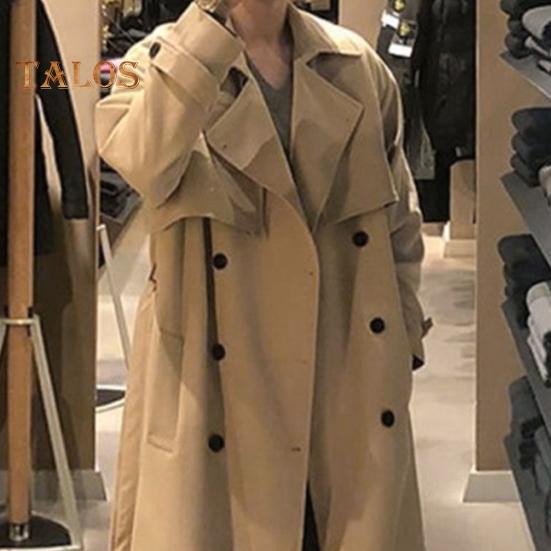 Мужская ветровка, пальто с лацканами, длинный рукав, двубортный, регулируемый пояс, тренчкот с карманами, однотонный, свободного кроя, верхняя одежда средней длины