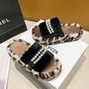 Fashion Sexy Leopard Casual Fluffy Slippers Women Home Flat Fashion Pearl Designer Shoe Ladies Winter Elegant Footwear Open Toe Slippers