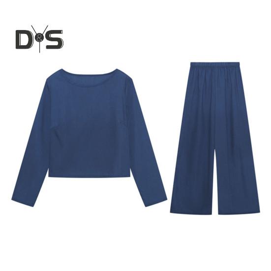 2 Pcs/Set Fall Spring Women Top Pants Set Long Sleeves Round Neck T-shirt Elastic Waist Trousers with Side Pockets OL Commuting Sport Pantsuit Outfit