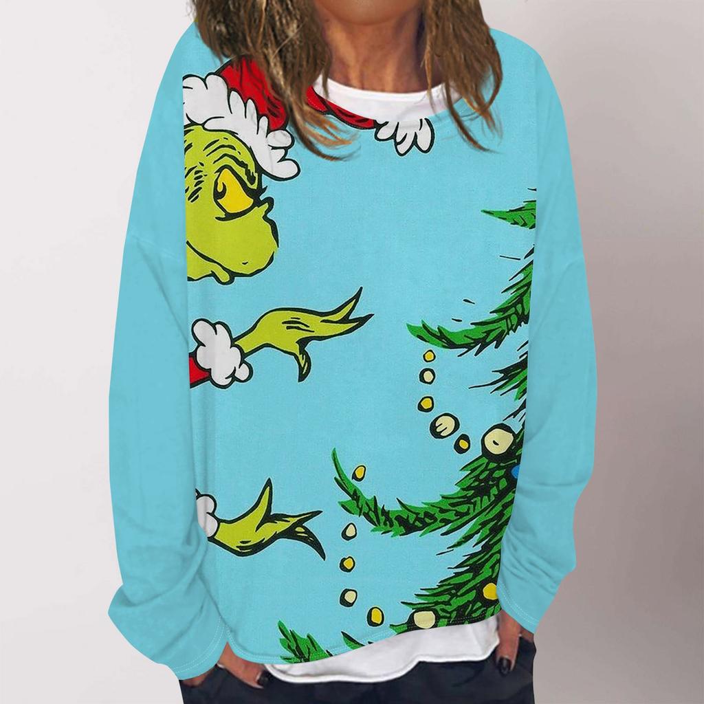 Женская повседневная модная толстовка с длинным рукавом и круглым вырезом с рождественским принтом, многослойный пуловер, топ