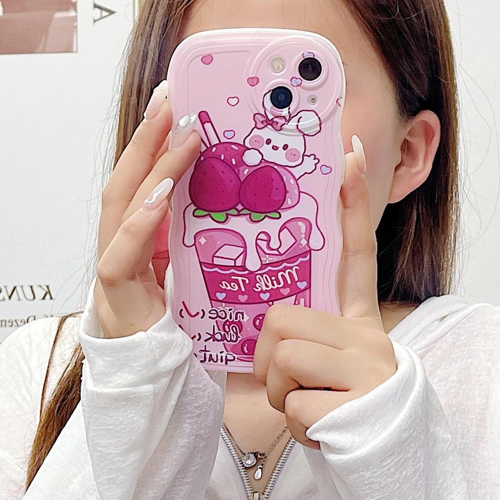 Wave Edge Silicone Case for Oppo A58 A78 A38 Samsung A54 A34 A24 A14 iPhone 15 14 Redmi Note 12 11 10 Infinix Note 30 Funda Milk Tea Bear Bunny Cover