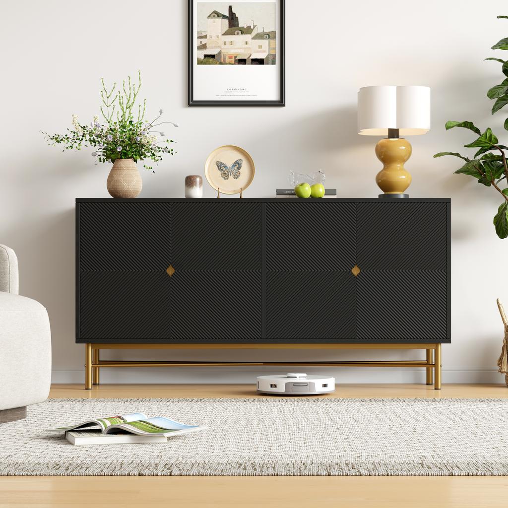 Sideboard with Raised Texture 160cm, with Four Doors, Golden Brushed Handles and High-Gloss Table Legs, Black, 160×40×82cm(old sku N657P28156667S)
