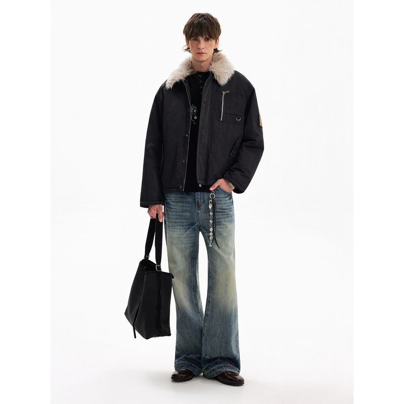 Blaexit American-Style Bomber Jacket Cotton-Padded Winter Coat Men's Thickened Fur Collar Short Parka