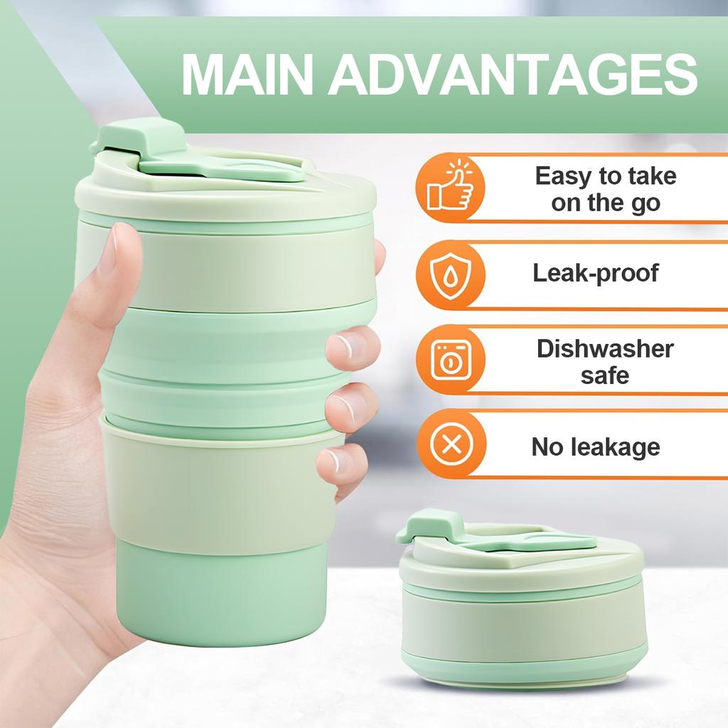 Leeseph Collapsible Travel Cup, Silicone Portable Drinking Mug with Lid for Water, Coffee, Drinks for Hiking & Picnic(350/500ML)