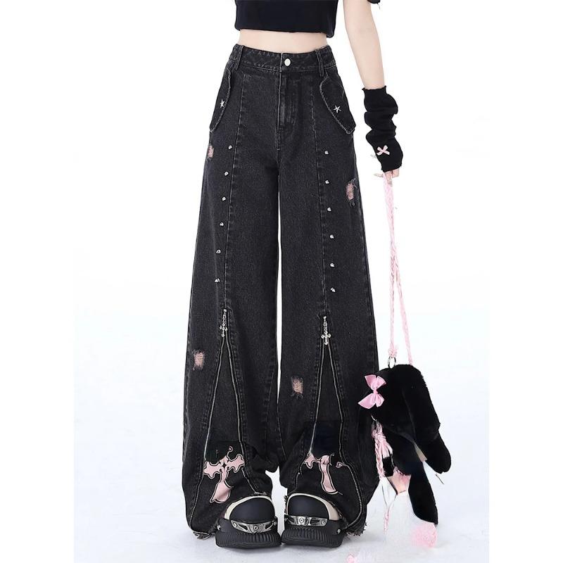 Women's Black Gothic Baggy Y2k Jeans Vintage Streetwear Cowboy Pants Harajuku Denim Trousers