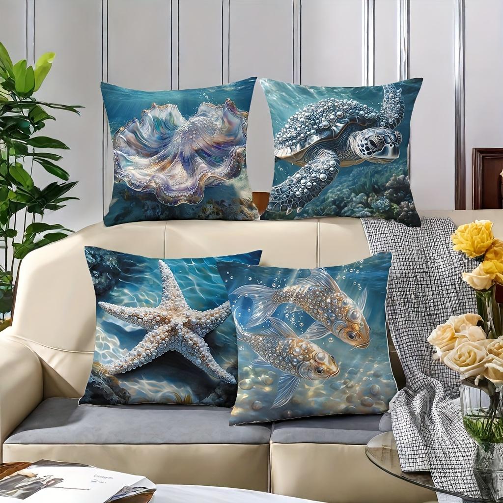 4Pcs 3D Underwater Sea Life Cushion Cover Turtle Fish Printed Pillow Case Polyester Home Decor Sofa Living Room Bedroom