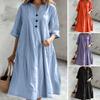 Summer Spring Dress with Pockets Buttoned V Neck Pleated Loose A-line Hem