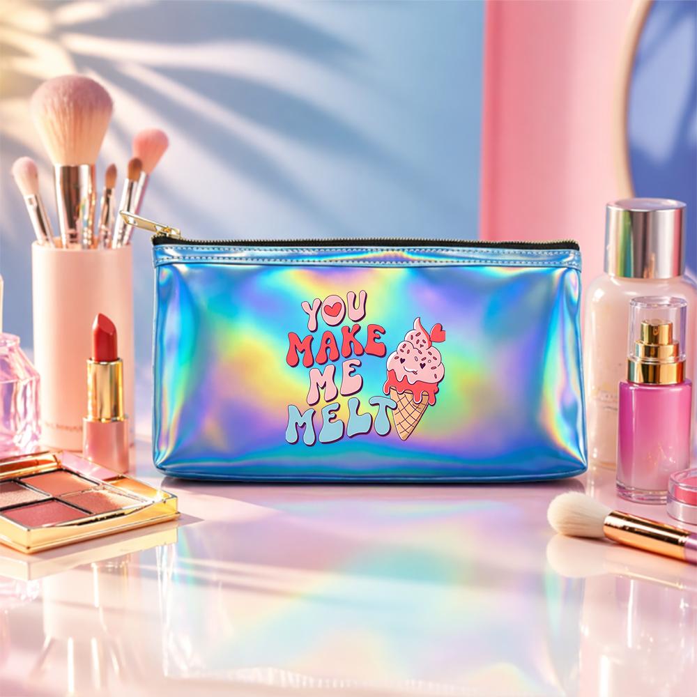 Cute Ice Cream Print Holographic Laser Cosmetic Makeup Bag,Travel Toiletry Pouch Organizer for Beauty Accessories Gift for Girls
