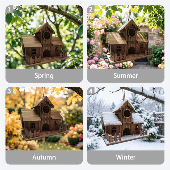Bird House for Outside Wooden Birdhouse with Perch Platform Four-Hole Rustic Bird House Fits Bluebirds Canaries Cardinals for Garden Backyard