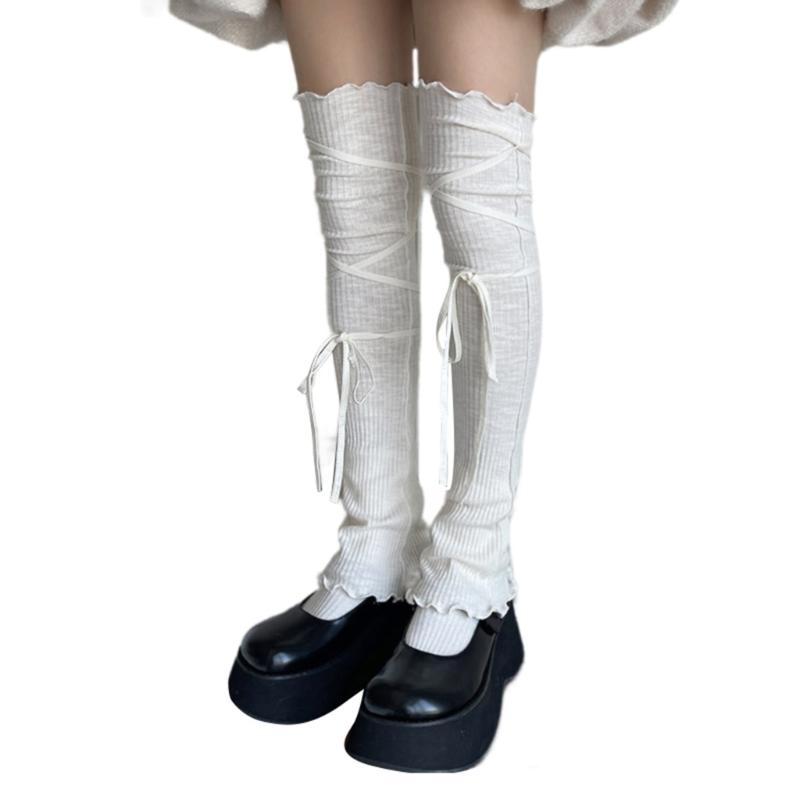 Japanese Ribbed Thigh High Leg Warmers Lace Up Bandages Over Knee Flared Leg Covers Ruffle Trim Footless Socks for Women